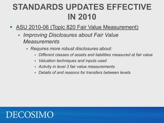 STANDARDS UPDATES EFFECTIVE
          IN 2010
 ASU 2010-06 (Topic 820 Fair Value Measurement)
    Improving Disclosures about Fair Value
     Measurements
         Requires more robust disclosures about:
            Different classes of assets and liabilities measured at fair value
            Valuation techniques and inputs used
            Activity in level 3 fair value measurements
            Details of and reasons for transfers between levels
 