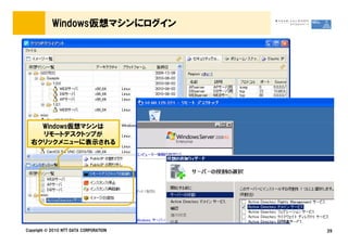 Windows仮想マシンにログイン
29
Windows仮想マシンは
リモートデスクトップが
右クリックメニューに表示される
Copyright © 2010 NTT DATA CORPORATION
 
