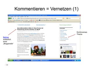 Kommentieren = Vernetzen (1)



                                          Kontroverses
                                          Thema
Beitrag
anlässlich
einer
„Blogparade“




  / 22
 