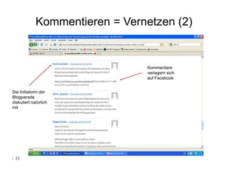 Kommentieren = Vernetzen (2)


                                Kommentare
                                verlagern sich
                                auf Facebook


Die Initiatorin der
Blogparade
diskutiert natürlich
mit




/ 23
 