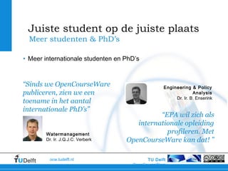 TU Delft
OpenCourseWare
ocw.tudelft.nl
• Meer internationale studenten en PhD’s
Meer studenten & PhD’s
Juiste student op de juiste plaats
Watermanagement
Dr. Ir. J.Q.J.C. Verberk
“Sinds we OpenCourseWare
publiceren, zien we een
toename in het aantal
internationale PhD’s”
“EPA wil zich als
internationale opleiding
profileren. Met
OpenCourseWare kan dat! ”
Engineering & Policy
Analysis
Dr. Ir. B. Enserink
 