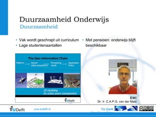 TU Delft
OpenCourseWare
ocw.tudelft.nl
• Vak wordt geschrapt uit curriculum
• Lage studentenaantallen
• Met pensioen: onderwijs blijft
beschikbaar
Duurzaamheid
Duurzaamheid Onderwijs
EWI
Dr. Ir. C.A.P.G. van der Mast
 