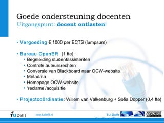 TU Delft
OpenCourseWare
ocw.tudelft.nl
• Vergoeding € 1000 per ECTS (lumpsum)
• Bureau OpenER (1 fte):
• Begeleiding studentassistenten
• Controle auteursrechten
• Conversie van Blackboard naar OCW-website
• Metadata
• Homepage OCW-website
• ‘reclame’/acquisitie
• Projectcoördinatie: Willem van Valkenburg + Sofia Dopper (0,4 fte)
Goede ondersteuning docenten
Uitgangspunt: docent ontlasten!
 