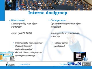 TU Delft
OpenCourseWare
ocw.tudelft.nl
Interne doelgroep
• Blackboard
Leeromgeving voor eigen
studenten
Intern gericht, NetID
• Communicatie naar studenten
• Passief/interactief
onderwijsmateriaal
• Gebruik binnen collegemuren,
verlengstuk onderwijs
• Collegerama
Opnamen colleges voor eigen
studenten
Intern gericht, in principe niet
openbaar
• College gemist
• Naslagwerk
 