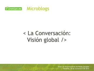 Taller de Dinamizadores de Redes Sociales
Tenerife, 24 de noviembre de 2010
< La Conversación:
Visión global />
Microblogs
 