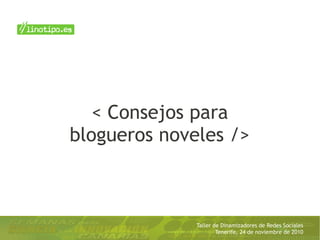 Taller de Dinamizadores de Redes Sociales
Tenerife, 24 de noviembre de 2010
< Consejos para
blogueros noveles />
 
