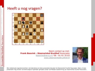 Heeft u nog vragen?Neem contact op met:Frank Boevink - Steenwinkel Kruithof Associatesfboevink@sk-a.nl / 06 - 81 61 35 63www.steenwinkelkruithof.nlAlle intellectuele eigendomsrechten met betrekking tot deze presentatie berusten bij Steenwinkel Kruithof Associates. Niets uit deze presentatie mag worden verveelvoudigd of openbaar gemaakt zonder schriftelijke toestemming van Steenwinkel Kruithof Associates.