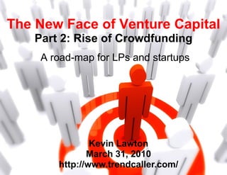 The New Face of Venture Capital
Part 2: Rise of Crowdfunding
A road-map for LPs and startups
Kevin Lawton
March 31, 2010
http://www.trendcaller.com/
 