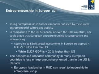 Entrepreneurship in Europe  [1/2] Young Entrepreneurs in Europe cannot be satisfied by the current entrepreneurial culture and activity In comparison to the US & Canada, or even the BRIC countries, one could argue that European entrepreneurship is conservative and slow-moving According to EBAN, angel investments in Europe are approx. 4 Bn €  Vs 19 Bn  €  in the US While EU27 GDP is ~ 20% higher than US  The academic & research community in many European countries is less entrepreneurship-oriented than in the US & Canada European leadership in R&D can result to leadership in entrepreneurship 