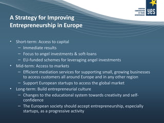 A Strategy for Improving Entrepreneurship in Europe Short-term: Access to capital Immediate results Focus to angel investments & soft-loans EU-funded schemes for leveraging angel investments Mid-term: Access to markets Efficient mediation services for supporting small, growing businesses to access customers all around Europe and in any other region Support European startups to access the global market Long-term: Build entrepreneurial culture Changes to the educational system towards creativity and self-confidence The European society should accept entrepreneurship, especially startups, as a progressive activity 