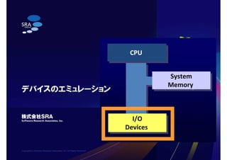 Copyright(C) Software Research Associates, Inc. All Rights Reserved.
デバイスのエミュレーション
I/O
Devices
I/O
Devices
CPUCPU
System
M...