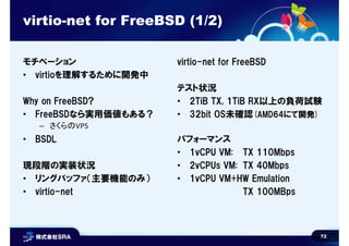72
virtio-net for FreeBSD (1/2)
モチベーション
• virtioを理解するために開発中
Why on FreeBSD?
• FreeBSDなら実用価値もある？
– さくらのVPS
• BSDL
現段階の実装状況
...