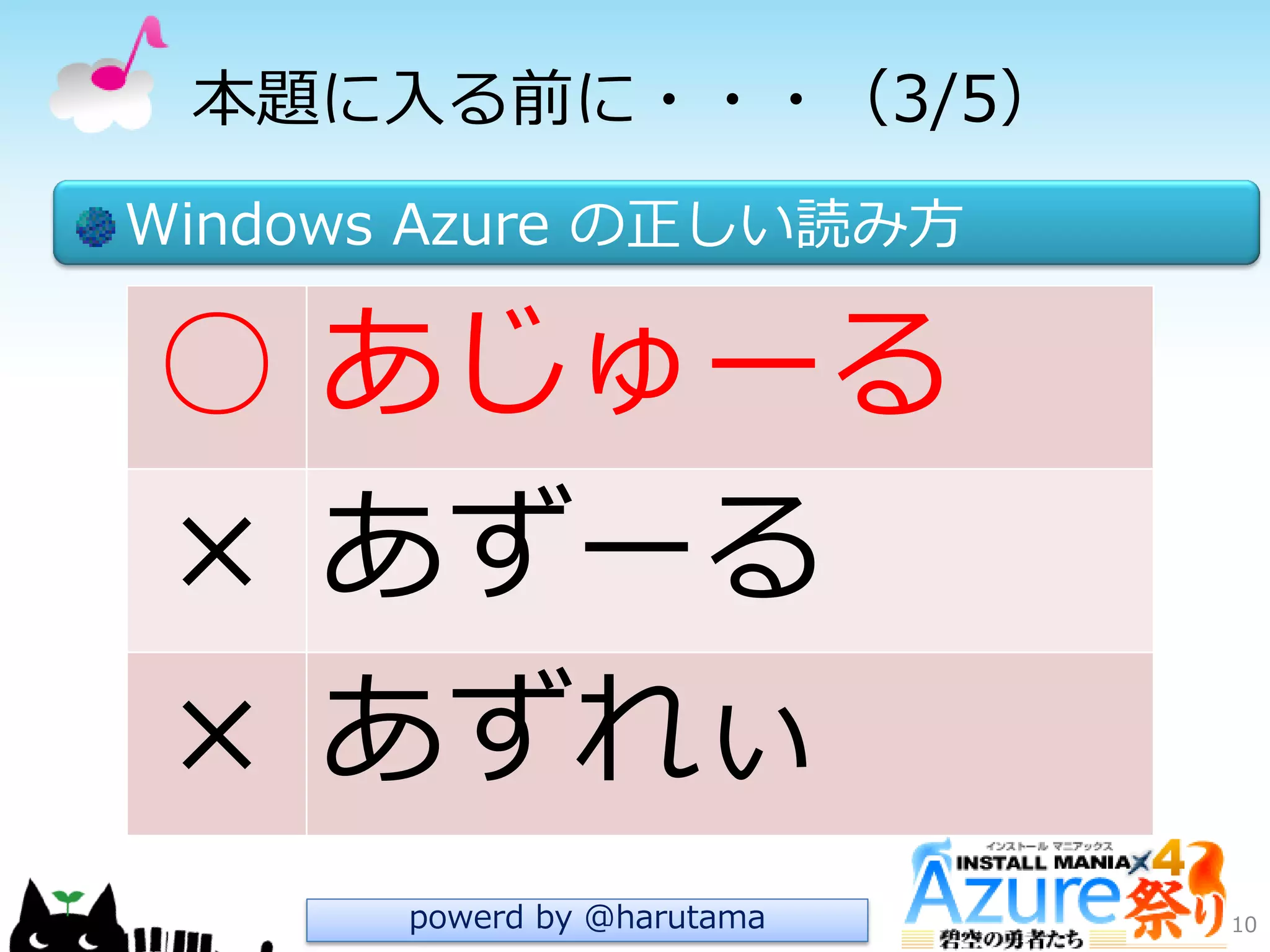本題に入る前に・・・（3/5）
Windows Azure の正しい読み方
10
○ あじゅーる
× あずーる
× あずれぃ
powerd by @harutama
 