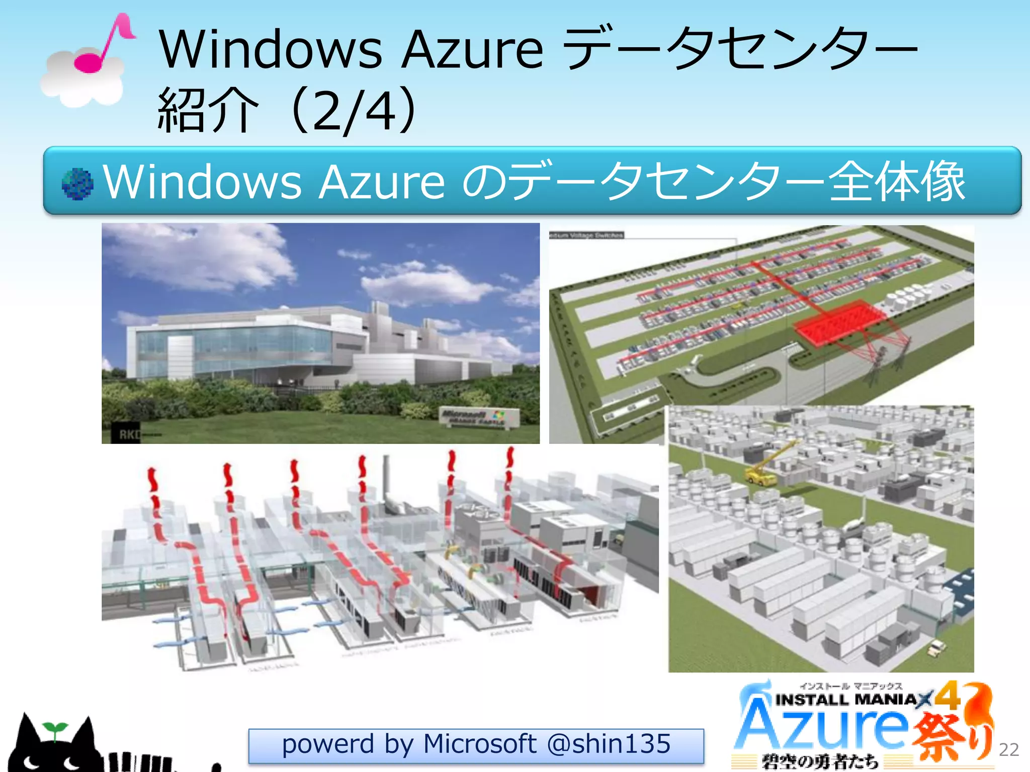 Windows Azure データセンター
紹介（2/4）
Windows Azure のデータセンター全体像
22powerd by Microsoft @shin135
 