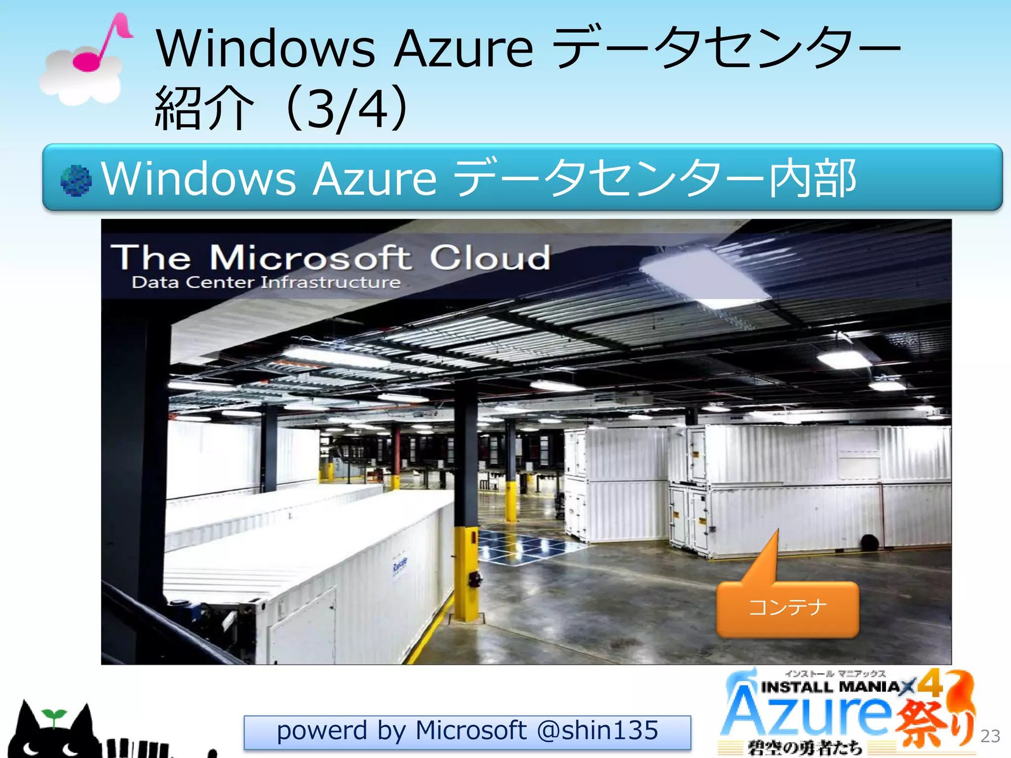 Windows Azure データセンター
紹介（3/4）
Windows Azure データセンター内部
23powerd by Microsoft @shin135
コンテナ
 