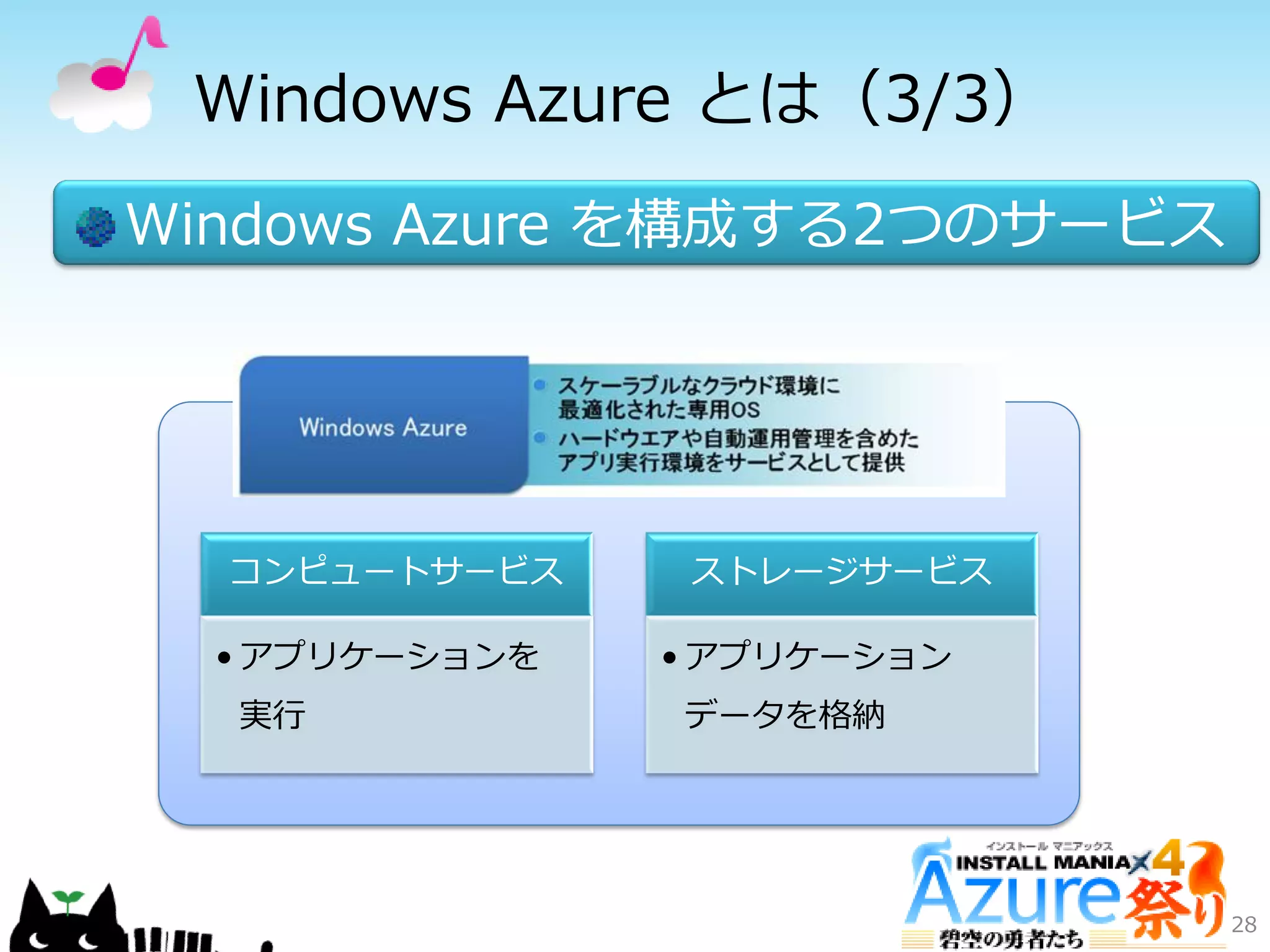 Windows Azure とは（3/3）
Windows Azure を構成する2つのサービス
28
コンピュートサービス
• ゕプリケーションを
実行
ストレージサービス
• ゕプリケーション
データを格納
 