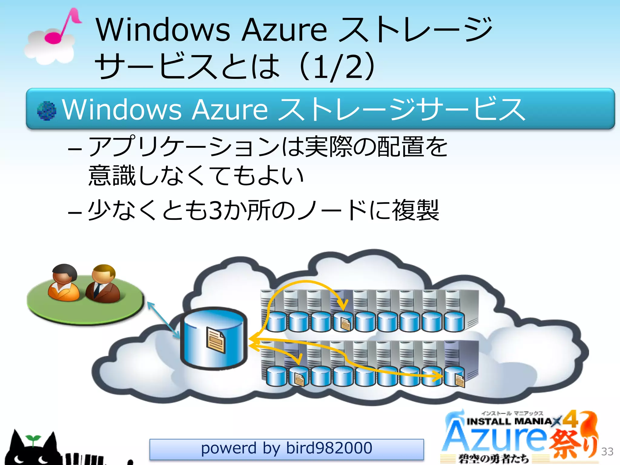 Windows Azure ストレージ
サービスとは（1/2）
Windows Azure ストレージサービス
– ゕプリケーションは実際の配置を
意識しなくてもよい
– 少なくとも3か所のノードに複製
33powerd by bird982000
 