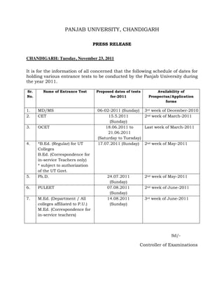 PANJAB UNIVERSITY, CHANDIGARH

                                     PRESS RELEASE


CHANDIGARH: Tuesday, November 23, 2011

It is for the information of all concerned that the following schedule of dates for
holding various entrance tests to be conducted by the Panjab University during
the year 2011.

Sr.     Name of Entrance Test         Proposed dates of tests        Availability of
No.                                          for-2011            Prospectus/Application
                                                                         forms

1.    MD/MS                           06-02-2011 (Sunday)       3rd week of December-2010
2.    CET                                  15.5.2011            2nd week of March-2011
                                            (Sunday)
3.    OCET                                18.06.2011 to         Last week of March-2011
                                           21.06.2011
                                      (Saturday to Tuesday)
4.    *B.Ed. (Regular) for UT         17.07.2011 (Sunday)       2nd week of May-2011
      Colleges
      B.Ed. (Correspondence for
      in-service Teachers only)
      * subject to authorization
      of the UT Govt.
5.    Ph.D.                                24.07.2011           2nd week of May-2011
                                            (Sunday)
6.    PULEET                               07.08.2011           2nd week of June-2011
                                            (Sunday)
7.    M.Ed. (Department / All              14.08.2011           3rd week of June-2011
      colleges affiliated to P.U.)          (Sunday)
      M.Ed. (Correspondence for
      in-service teachers)




                                                                            Sd/-

                                                            Controller of Examinations
 