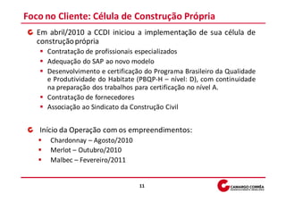 Foco no Cliente: Célula de Construção Própria
   Em abril/2010 a CCDI iniciou a implementação de sua célula de
   construção própria
     Contratação de profissionais especializados
     Adequação do SAP ao novo modelo
     Desenvolvimento e certificação do Programa Brasileiro da Qualidade
     e Produtividade do Habitate (PBQP-H – nível: D), com continuidade
     na preparação dos trabalhos para certificação no nível A.
     Contratação de fornecedores
     Associação ao Sindicato da Construção Civil


   Início da Operação com os empreendimentos:
      Chardonnay – Agosto/2010
      Merlot – Outubro/2010
      Malbec – Fevereiro/2011


                                  11
 