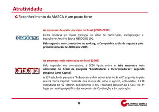 Atratividade
  Reconhecimento da MARCA é um ponto forte


               As empresas de maior prestígio no Brasil (2009-2010)
               Eleita empresa de maior prestígio no setor de Construção, Incorporação e
               Locação no Anuário Época NEGÓCIOS100.
               Pelo segundo ano consecutivo no ranking, a Companhia subiu da segunda para
               primeira posição de 2008 para 2009.



               As empresas mais admiradas no Brasil (2009)
               Pelo segundo ano consecutivo, a CCDI figura entre as três empresas mais
               admiradas no Brasil na categoria “Construtoras e Incorporadoras”, segundo
               pesquisa Carta Capital.
               A 12ª edição da pesquisa “As Empresas Mais Admiradas no Brasil”, organizada pela
               revista Carta Capital, realizada nos meses de julho e agosto, entrevistou 1.238
               executivos de 42 setores da Economia e seu resultado posicionou a CCDI no 3º
               lugar do ranking específico das empresas de Construção e Incorporação.



                                          38
 