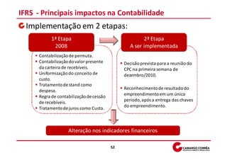 IFRS - Principais impactos na Contabilidade
  Implementação em 2 etapas:
            1ª Etapa                                    2ª Etapa
             2008                                 A ser implementada
      Contabilização de permuta.
      Contabilização do valor presente         Decisão prevista para a reunião do
      da carteira de recebíveis.               CPC na primeira semana de
      Uniformização do conceito de             dezembro/2010.
      custo.
      Tratamento de stand como
      despesa.                                 Reconhecimento de resultado do
      Regra de contabilização de cessão        empreendimento em um único
      de recebíveis.                           período, após a entrega das chaves
      Tratamento de juros como Custo.          do empreendimento.




                    Alteração nos indicadores financeiros

                                          52
 