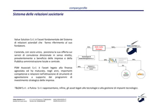 companyprofile

Sistema delle relazioni societarie




  Value Solution S.r.l. è l’asset fondamentale del Sistema
  di relazioni aziendali che fanno riferimento al suo
  fondatore.

  L’azienda, con socio unico, posiziona la sua offerta sui
  servizi di consulenza direzionale in senso stretto,
  prevalentemente a beneficio delle imprese e della
  Pubblica amministrazione locale e centrale.

  PSM Associati S.r.l. è l’asset legato alla finanza
  agevolata ed ha maturato, negli anni, importanti
  competenze e relazioni nell’attivazione di strumenti di
  agevolazione a supporto dei programmi di
  investimento strategico delle imprese.

  T&GM S.r.l. e Pulizia S.r.l. rappresentano, infine, gli asset legati alle tecnologie e alla gestione di impianti tecnologici.



Value Solution S.r.l.     C.C.I.A.A. di Cosenza n° 208238 REA   www.valuesolution.it
Società con socio unico   Partita IVA: 03064940780              info@valuesolution.it
 