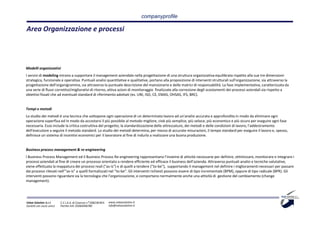 companyprofile

Area Organizzazione e processi




Modelli organizzativi
I servizi di modeling mirano a supportare il management aziendale nella progettazione di una struttura organizzativa equilibrata rispetto alla sue tre dimensioni:
strategica, funzionale e operativa. Puntuali analisi quantitative e qualitative, portano alla proposizione di interventi strutturali sull'organizzazione, sia attraverso la
progettazione dell'organigramma, sia attraverso la puntuale descrizione del mansionario e delle matrici di responsabilità. La fase implementativa, caratterizzata da
una serie di flussi correttivi/migliorativi di ritorno, attiva azioni di monitoraggio finalizzate alla correzione degli scostamenti dei processi aziendali sia rispetto a
obiettivi fissati che ad eventuali standard di riferimento adottati (es. UNI, ISO, CE, EMAS, OHSAS, IFS, BRC).


Tempi e metodi
Lo studio dei metodi è una tecnica che sottopone ogni operazione di un determinato lavoro ad un'analisi accurata e approfondita in modo da eliminare ogni
operazione superflua ed in modo da accostarsi il più possibile al metodo migliore, cioè più semplice, più veloce, più economico e più sicuro per eseguire ogni fase
necessaria. Esso include la critica costruttiva del progetto; la standardizzazione delle attrezzature, dei metodi e delle condizioni di lavoro, l'addestramento
dell'esecutore a seguire il metodo standard. Lo studio dei metodi determina, per mezzo di accurate misurazioni, il tempo standard per eseguire il lavoro e, spesso,
definisce un sistema di incentivi economici per il lavoratore al fine di indurlo a realizzare una buona produzione.


Business process management & re-engineering
l Business Process Management ed il Business Process Re-engineering rappresentano l’insieme di attività necessarie per definire, ottimizzare, monitorare e integrare i
processi aziendali al fine di creare un processo orientato a rendere efficiente ed efficace il business dell’azienda. Attraverso puntuali analisi e tecniche valutative,
viene effettuata la mappatura dei processi reali ("as-is") e di quelli a tendere ("to-be"), supportando il management nel definire i miglioramenti necessari per passare
dai processi rilevati nell’"as-is" a quelli formalizzati nel "to-be". Gli interventi richiesti possono essere di tipo incrementale (BPM), oppure di tipo radicale (BPR). Gli
interventi possono riguardare sia la tecnologia che l'organizzazione, e comportano normalmente anche una attività di gestione del cambiamento (change
management).




Value Solution S.r.l.     C.C.I.A.A. di Cosenza n° 208238 REA   www.valuesolution.it
Società con socio unico   Partita IVA: 03064940780              info@valuesolution.it
 