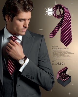 Nuevo




   ¡Nuevo!
   Corbata «Bordeaux Classic»
   • Seda en tejido jaquard
   • El clásico moderno: Con rayas rojas
   • Este año en la variedad noble de Bordeaux
   • Bien vestido y a tono con cualquier ocasión festiva
   • Combinación de rayas clásica
   • Óptica de la superficie brillante y noble
   • Material: 100 % seda, forro 100 % Poliester
   • Longitud: 150 cm
   • Gratis: Caja de regalo en diseño del tejido de
    corbata
   4688


   Sólo      33.50 €
 