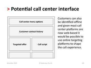 >	
  Poten.al	
  call	
  center	
  interface	
  
                                                                                         Customers	
  can	
  also	
  
                       Call	
  center	
  menu	
  op.ons	
                                be	
  iden-ﬁed	
  oﬄine	
  
                                                                                         and	
  given	
  most	
  call	
  
                                                                                         center	
  plaiorms	
  are	
  
                       Customer	
  contact	
  history	
  
                                                                                         now	
  web-­‐based	
  it	
  
                                                                                         would	
  be	
  possible	
  to	
  
                                                                                         use	
  online	
  targe-ng	
  
           Targeted	
  oﬀer	
                     Call	
  script	
                       plaiorms	
  to	
  shape	
  
                                                                                         the	
  call	
  experience.	
  




November	
  2010	
                                  ©	
  Datalicious	
  Pty	
  Ltd	
                                   105	
  
 