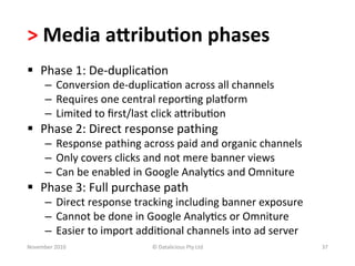>	
  Media	
  aKribu.on	
  phases	
  	
  
§  Phase	
  1:	
  De-­‐duplica-on	
  
        –  Conversion	
  de-­‐duplica-on	
  across	
  all	
  channels	
  
        –  Requires	
  one	
  central	
  repor-ng	
  plaiorm	
  
        –  Limited	
  to	
  ﬁrst/last	
  click	
  ajribu-on	
  
§  Phase	
  2:	
  Direct	
  response	
  pathing	
  
        –  Response	
  pathing	
  across	
  paid	
  and	
  organic	
  channels	
  
        –  Only	
  covers	
  clicks	
  and	
  not	
  mere	
  banner	
  views	
  
        –  Can	
  be	
  enabled	
  in	
  Google	
  Analy-cs	
  and	
  Omniture	
  
§  Phase	
  3:	
  Full	
  purchase	
  path	
  
        –  Direct	
  response	
  tracking	
  including	
  banner	
  exposure	
  
        –  Cannot	
  be	
  done	
  in	
  Google	
  Analy-cs	
  or	
  Omniture	
  
        –  Easier	
  to	
  import	
  addi-onal	
  channels	
  into	
  ad	
  server	
  
November	
  2010	
                      ©	
  Datalicious	
  Pty	
  Ltd	
                 37	
  
 