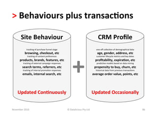 >	
  Behaviours	
  plus	
  transac.ons	
  	
  

         Site	
  Behaviour	
                                                                                     CRM	
  Proﬁle	
  
                 tracking	
  of	
  purchase	
  funnel	
  stage	
                                               one-­‐oﬀ	
  collec-on	
  of	
  demographical	
  data	
  	
  




                                                                             +	
  
              browsing,	
  checkout,	
  etc	
                                                                   age,	
  gender,	
  address,	
  etc	
  
                  tracking	
  of	
  content	
  preferences	
                                                   customer	
  lifecycle	
  metrics	
  and	
  key	
  dates	
  
        products,	
  brands,	
  features,	
  etc	
                                                            proﬁtability,	
  expira.on,	
  etc	
  
            tracking	
  of	
  external	
  campaign	
  responses	
                                              predic-ve	
  models	
  based	
  on	
  data	
  mining	
  
           search	
  terms,	
  referrers,	
  etc	
                                                           propensity	
  to	
  buy,	
  churn,	
  etc	
  
            tracking	
  of	
  internal	
  promo-on	
  responses	
                                             historical	
  data	
  from	
  previous	
  transac-ons	
  
           emails,	
  internal	
  search,	
  etc	
                                                         average	
  order	
  value,	
  points,	
  etc	
  




      Updated	
  Con.nuously	
                                                                             Updated	
  Occasionally	
  


November	
  2010	
                                                    ©	
  Datalicious	
  Pty	
  Ltd	
                                                                        86	
  
 
