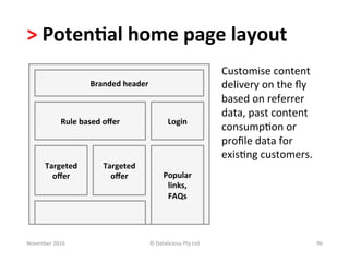 >	
  Poten.al	
  home	
  page	
  layout	
  	
  
                                                                                      Customise	
  content	
  
                             Branded	
  header	
                                      delivery	
  on	
  the	
  ﬂy	
  
                                                                                      based	
  on	
  referrer	
  
                                                                                      data,	
  past	
  content	
  
                 Rule	
  based	
  oﬀer	
                     Login	
  
                                                                                      consump-on	
  or	
  
                                                                                      proﬁle	
  data	
  for	
  
                                                                                      exis-ng	
  customers.	
  
         Targeted	
               Targeted	
  
           oﬀer	
                   oﬀer	
                Popular	
  	
  
                                                           links,	
  	
  
                                                           FAQs	
  




November	
  2010	
                               ©	
  Datalicious	
  Pty	
  Ltd	
                                       96	
  
 