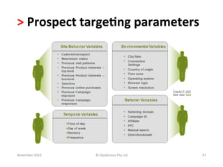 >	
  Prospect	
  targe.ng	
  parameters	
  	
  




November	
  2010	
     ©	
  Datalicious	
  Pty	
  Ltd	
     97	
  
 