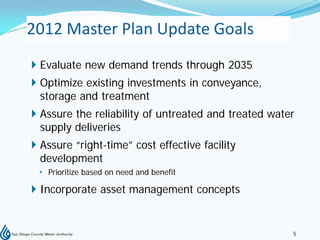 2012 Master Plan Update Goals
 Evaluate new demand trends through 2035
 Optimize existing investments in conveyance,
  storage and treatment
 Assure the reliability of untreated and treated water
  supply deliveries
 Assure “right-time” cost effective facility
  development
 • Prioritize based on need and benefit

 Incorporate asset management concepts


                                                      5
 