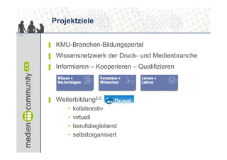 Projektziele
7/13



       ▌   KMU-Branchen-Bildungsportal
           KMU Branchen Bildungsportal
       ▌   Wissensnetzwerk der Druck- und Medienbranche
       ▌   Informieren – Kooperieren – Qualifizieren




       ▌   Weiterbildung2 0
           W it bild    2.0

               •   kollaborativ
               •   virtuell
               •   berufsbegleitend
               •   selbstorganisiert
 