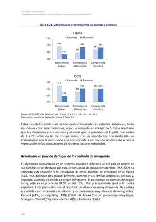 PISA 2009. Informe español
3. Equidad en los aprendizajes y en los resultados. Factores asociados al rendimiento




                     Figura 3.23. Diferencias en el rendimiento de alumnas y alumnos

                                                               España
                              525                       Alumnas           Alumnos

                                           496                          493                     492
                              500
                                                                                          485
                                                                  474
                              475                 467


                              450
                                        Comprensión            Competencia              Competencia
                                          Lectora              Matemática                 Científica


                                                                OCDE
                                                        Alumnas            Alumnos
                              525          513
                                                                        501               501 501
                              500                                 490
                                                  474
                              475

                              450
                                        Comprensión            Competencia              Competencia
                                          Lectora              Matemática                 Científica
Fuente: OECD PISA 2009 database, Vol. I, Tables I.2.3, I.3.3, I.3.6, S.I.c, S.I.u, S.I.x.
Elaboración: Instituto de Evaluación, Anexo 3, Tabla 3.3.


Estos resultados confirman las tendencias observadas en estudios anteriores, tanto
nacionales como internacionales, como se comenta en el capítulo 5. Debe resaltarse
que las diferencias entre alumnas y alumnos que se producen en España, que varían
de 7 a 29 puntos en las tres competencias, con ser importantes, son moderadas en
comparación con la puntuación que corresponde a un nivel de rendimiento o con la
repercusión en las puntuaciones de los otros factores estudiados.


Resultados en función del lugar de la condición de inmigrante

El alumnado escolarizado en un sistema educativo diferente al del país de origen de
sus familias se ve afectado por esta circunstancia de modo considerable. PISA 2009 ha
valorado esta situación y los resultados de estos alumnos se presentan en la Figura
3.24. PISA distingue dos grupos: primero, alumnos y sus familias originarias del país y,
segundo, alumnos o familias de origen inmigrante. El porcentaje de alumnos de origen
inmigrante en el promedio OCDE es del 10%, cifra prácticamente igual a la media
española. Estos promedios son el resultado de situaciones muy diferentes. Hay países
o ciudades con excelentes resultados y un porcentaje muy elevado de inmigrantes:
Canadá (24%), o Hong-Kong ((39%) (Tabla 3.8, Anexo 3) o con porcentajes muy bajos:
Shangái – China (0,5%), Corea del Sur (0%) o Finlandia (2,6%).



108
 