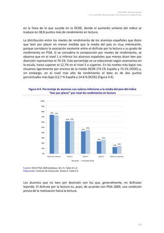 PISA 2009. Informe español
                                                                             4. Las actitudes del alumnado ante la lectura y el aprendizaje




en la línea de lo que sucede en la OCDE, donde el aumento unitario del índice se
traduce en 38,8 puntos más de rendimiento en lectura.

La distribución entre los niveles de rendimiento de los alumnos españoles que dicen
que leen por placer en menor medida que la media del país es muy interesante,
porque corrobora la asociación existente entre el disfrute por la lectura y su grado de
rendimiento en PISA. Si se considera la composición por niveles de rendimiento, se
observa que en el nivel 1 o inferior los alumnos españoles que menos dicen leer por
diversión representan el 74.1%. Este porcentaje se va reduciendo según avanzamos en
la escala, hasta suponer el 12,7% en el nivel 5 o superior. En los niveles más bajos nos
situamos ligeramente por encima de la media OCDE (74.1% España y 73.1% OCDE) y,
sin embargo, en el nivel más alto de rendimiento el dato es de dos puntos
porcentuales más bajo (12,7 % España y 14.8 % OCDE) (Figura 4.4).


     Figura 4.4. Porcentaje de alumnos con valores inferiores a la media del país del índice
                      “leer por placer” por nivel de rendimiento en lectura

                 100%

                  90%

                  80%
                            74% 73%

                  70%
                                              62% 62%
                  60%

                  50%                                                   45%
                                                                  43%
                  40%

                  30%                                                                       27%
                                                                                      24%
                  20%
                                                                                                               15%
                                                                                                         13%
                  10%

                   0%
                        Nivel 1a o inferior    Nivel 2             Nivel 3              Nivel 4       Nivel 5 o superior

                                                         España   Promedio OCDE



Fuente: OECD PISA 2009 database, Vol. III, Table III.1.2.
Elaboración: Instituto de Evaluación, Anexo 4, Tabla 4.3.



Los alumnos que no leen por diversión son los que, generalmente, no disfrutan
leyendo. El disfrute por la lectura es, pues, de acuerdo con PISA 2009, una condición
previa de la motivación hacia la lectura.




                                                                                                                                      125
 