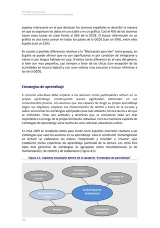 PISA 2009. Informe español
4. Las actitudes del alumnado ante la lectura y el aprendizaje




aspecto interesante en el que destacan los alumnos españoles es describir la manera
en que se organizan los datos en una tabla o en un gráfico. Casi el 40% de los alumnos
hacen estas tareas en clase frente al 36% de la OCDE. El buscar información en un
gráfico es una tarea común en todos los países de la OCDE (casi un 59%), entre ellos
España (casi un 52%).

En cuanto a posibles diferencias relativas a la “Motivación para leer” entre grupos, en
España se puede afirmar que no son significativas ni por condición de inmigrante o
nativo ni por lengua hablada en casa. Sí existe cierta diferencia en el caso del género,
si bien son muy pequeñas, casi siempre a favor de las chicas (con excepción de las
actividades en lectura digital) y con unos valores muy cercanos e incluso inferiores a
los de la OCDE.



Estrategias de aprendizaje

El proceso educativo debe implicar a los alumnos como participantes activos en su
propio aprendizaje, construyendo nuevos significados imbricados en sus
conocimientos previos. Los alumnos que son capaces de dirigir su propio aprendizaje
eligen sus objetivos, emplean sus conocimientos de dentro y fuera de la escuela y
saben seleccionar las estrategias apropiadas para salir adelante con las tareas a las que
se enfrentan. Éstas son actitudes y destrezas que se consideran cada vez más
importantes a lo largo de la propia formación individual. Pero la enseñanza explícita de
estrategias de aprendizaje varía mucho de unos sistemas educativos a otros.

En PISA 2009 se recabaron datos para medir cinco aspectos concretos relativos a las
estrategias que usan los alumnos en su aprendizaje. Para el constructo ‘metacognición
en lectura’ se elaboraron los índices ‘comprender y recordar’ y ‘resumir’, que
establecen metas específicas de aprendizaje partiendo de la lectura. Los otros tres
tipos más genéricos de estrategias se agruparon como mnemotécnicas (o de
memorización), de control y de elaboración (Figura 4.5).

       Figura 4.5. Aspectos estudiados dentro de la categoría “Estrategias de aprendizaje”



                                                             Estrategias
           Comprender y                                     mnemotécnicas
                                                                                         Estrategias de
             recordar
                                                                                             control


                                                                    ESTRATEGIAS DE
                   Metacognición en                                  APRENDIZAJE
                       lectura




                                     Resumir                                Estrategias de
                                                                             elaboración

128
 