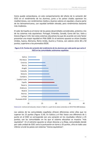 PISA 2009. Informe español
                                             3. Equidad en los aprendizajes y en los resultados. Factores asociados al rendimiento




Como puede comprobarse, en este comportamiento del efecto de la variación del
ESCS en el rendimiento de los alumnos, junto a los países citados aparecen los
mediterráneos, con rendimientos medios y buenos valores en equidad, y buena parte
de los latinoamericanos, con equidad también elevada, pero rendimientos bastante
más modestos.

El valor de España es el menor de los países desarrollados considerados, próximo a los
de los sistemas más equitativos: Portugal, Finlandia, Canadá, Corea del Sur, Italia y
Grecia (Figura 3.13). Son estos sistemas educativos los que de acuerdo con este factor
presentan una mayor equidad en PISA 2009. En el extremo opuesto se sitúan Estados
Unidos, Suecia, Alemania, Reino Unido, Austria y Francia, con valores entre 40 y 50
puntos, superiores a los promedios OCDE.

Figura 3.14. Puntos de variación del rendimiento de los alumnos por cada punto que varía el
                      ESCS en las comunidades autónomas españolas


             Galicia
         País Vasco
          Canarias
            Murcia
            Aragón
          Cataluña
          Baleares
         Cantabria
    Castilla Y León
            España
           Navarra
         Andalucía
            Madrid
           Asturias
           La Rioja
  Promedio OCDE

                       20                   25                        30                        35                         40

Elaboración: Instituto de Evaluación, Anexo 3, Tabla 3.1. a partir de los datos contenidos en OECD PISA 2009 database.


Los valores de las comunidades españolas ofrecen diferencias entre ellos que no
superan los 15 puntos (Figura 3.14). En Galicia y el País Vasco una diferencia de 1
punto en el ESEC se corresponde con una variación en los resultados inferior a 25
puntos; son las comunidades en las que el sistema educativo se muestra “más
equitativo”. En el extremo opuesto se sitúan Asturias y La Rioja, comunidades donde
por cada unidad de ESEC varía la puntuación en torno a 35 puntos, cifra en todo caso
inferior a la de los países con sistemas “menos equitativos”.



                                                                                                                                95
 