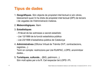 Tipus de dades
    1. Geogràfiques. Són objecte de propietat intel·lectual si són obres,
       bàsicament quan hi ha drets de propietat intel·lectual (DPI) de tercers
       i de vegades de l’Administració mateixa.
    2. Meteorològiques. Ídem
    3. Estadístiques
      - R llevat de les sotmeses a secret estadístic
      - Llei 12/1989 de la funció estadística pública
      - Llei 23/1998 d’estadística pública de Catalunya
    4. Administratives (Oficina Virtual de Tràmits OVT, contractacions,
       registres...)
       Tenir en compte: restriccions per Llei RJAPAC, LOPD, anonimitzar
       dades...
    5. Turístiques, culturals... (BIG, patrimoni...)
       Són molt aptes per a la R. Cal respectar bé LOPD i PI.

6                                     ‘Dades Obertes de la Generalitat de Catalunya’ Jordi Graells Costa. 21 d’octubre de 2010 CC – BY 3.0
 