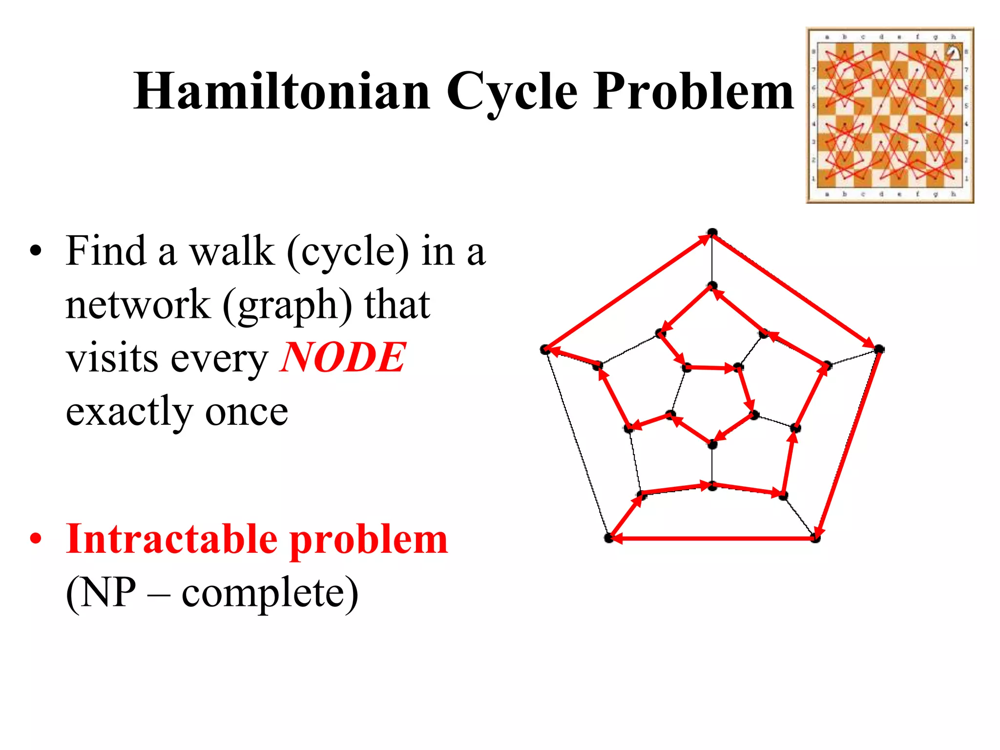 Hamiltonian Cycle Problem

• Find a walk (cycle) in a
  network (graph) that
  visits every NODE
  exactly once

• Intractable problem
  (NP – complete)
 