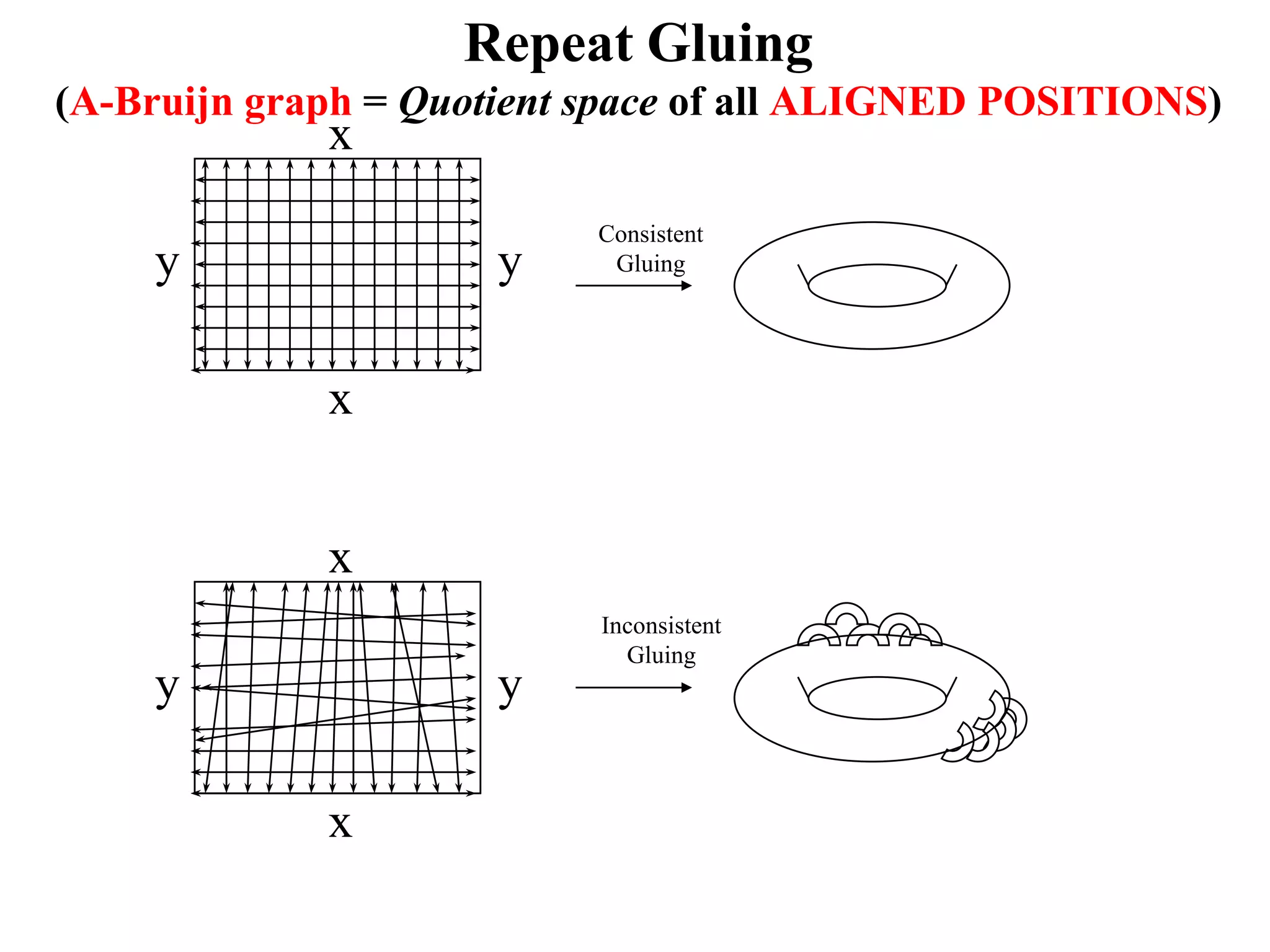 Repeat Gluing
(A-Bruijn graph = Quotient space of all ALIGNED POSITIONS)
             x
                           Consistent
    y                 y     Gluing




             x


             x
                           Inconsistent
                             Gluing
    y                 y

             x
 