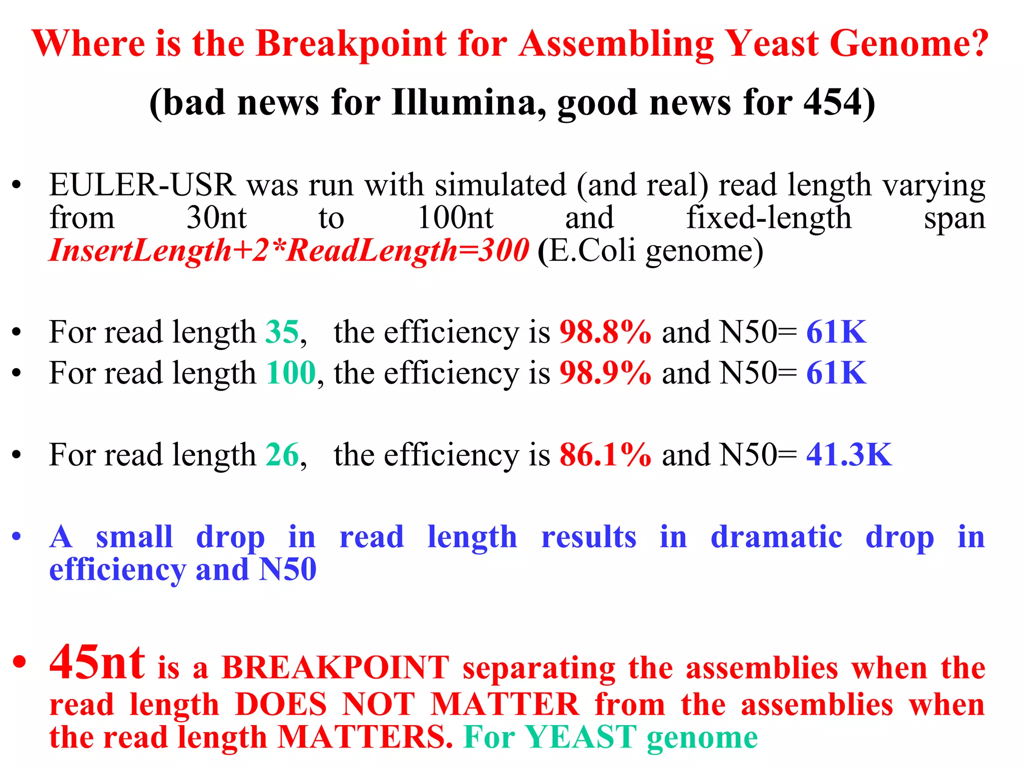 Where is the Breakpoint for Assembling Yeast Genome?
      (bad news for Illumina, good news for 454)

• EULER-USR was run with simulated (and real) read length varying
  from     30nt    to   100nt     and      fixed-length      span
  InsertLength+2*ReadLength=300 (E.Coli genome)

• For read length 35, the efficiency is 98.8% and N50= 61K
• For read length 100, the efficiency is 98.9% and N50= 61K

• For read length 26, the efficiency is 86.1% and N50= 41.3K

• A small drop in read length results in dramatic drop in
  efficiency and N50

• 45nt is a BREAKPOINT separating the assemblies when the
  read length DOES NOT MATTER from the assemblies when
  the read length MATTERS. For YEAST genome
 