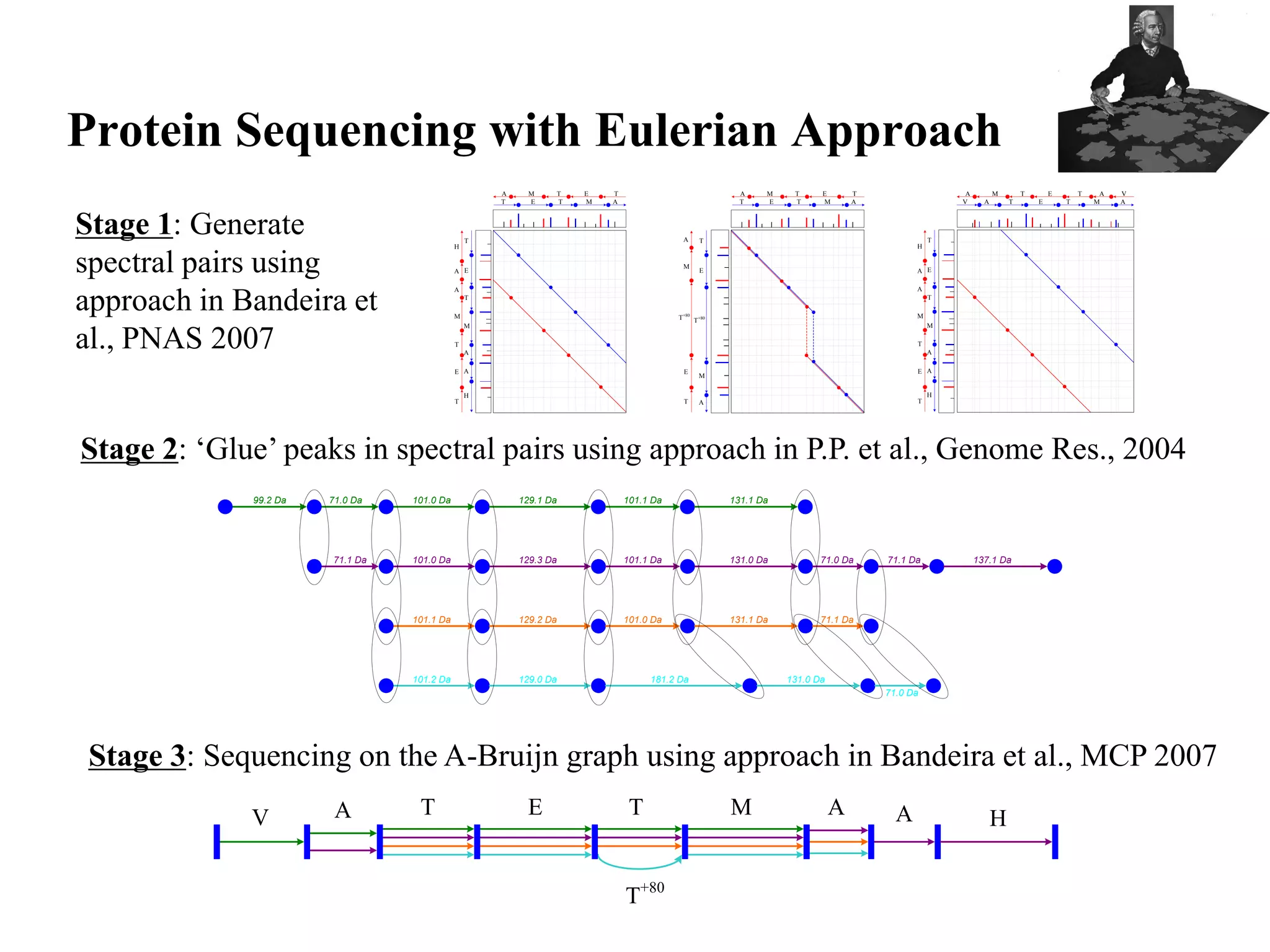 Protein Sequencing with Eulerian Approach
                                                    A     M    T   E   T                               A    M    T     E       T                  A         M       T       E       T    A   V
                                                    T     E    T   M   A                               T    E    T     M       A                 V      A       T       E       T       M    A



Stage 1: Generate                           H
                                                T                                         A    T
                                                                                                                                         H
                                                                                                                                             T



spectral pairs using                        A E
                                                                                          M
                                                                                               E                                         A E

                                            A                                                                                            A

approach in Bandeira et                     M
                                                T

                                                                                      +80
                                                                                      T       T+80
                                                                                                                                         M
                                                                                                                                             T



                                                M                                                                                            M


al., PNAS 2007                              T
                                                A
                                                                                                                                         T
                                                                                                                                             A

                                            E A                                           E                                              E A
                                                                                               M

                                                H                                                                                            H
                                            T                                             T    A                                         T




Stage 2: „Glue‟ peaks in spectral pairs using approach in P.P. et al., Genome Res., 2004
             99.2 Da   71.0 Da   101.0 Da               129.1 Da           101.1 Da                  131.1 Da




                       71.1 Da   101.0 Da               129.3 Da           101.1 Da                  131.0 Da          71.0 Da     71.1 Da            137.1 Da




                                 101.1 Da               129.2 Da           101.0 Da                  131.1 Da          71.1 Da




                                 101.2 Da               129.0 Da                181.2 Da                        131.0 Da
                                                                                                                                   71.0 Da




 Stage 3: Sequencing on the A-Bruijn graph using approach in Bandeira et al., MCP 2007
             V          A         T                      E                  T                        M                     A         A                      H


                                                                           T+80
 