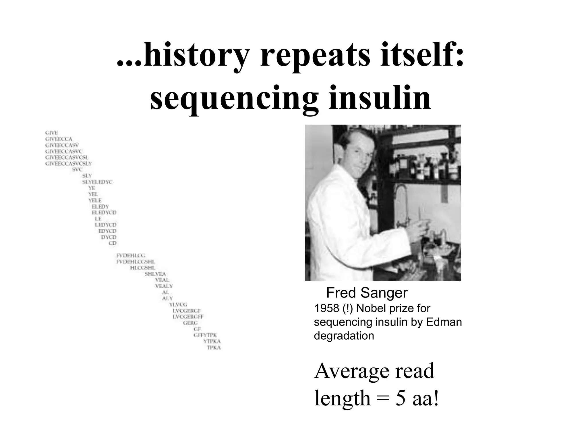 ...history repeats itself:
   sequencing insulin




                Fred Sanger
              1958 (!) Nobel prize for
              sequencing insulin by Edman
              degradation


              Average read
              length = 5 aa!
 