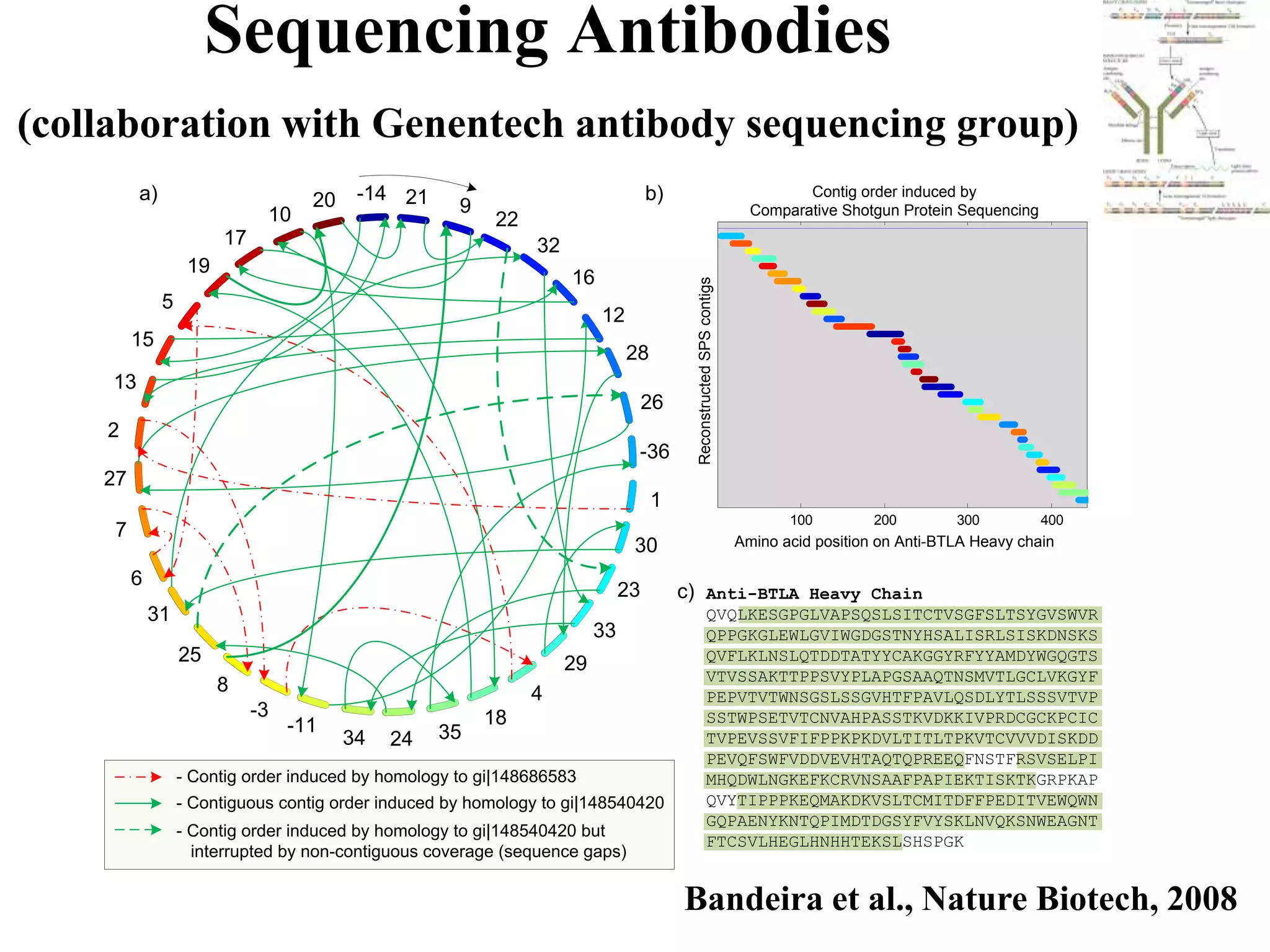 Sequencing Antibodies
(collaboration with Genentech antibody sequencing group)
          a)                         20    -14 21                                   b)                                          Contig order induced by
                               10                     9                                                                  Comparative Shotgun Protein Sequencing
                                                           22
                         17                                     32
                    19
                                                                     16




                                                                                           Reconstructed SPS contigs
               5
                                                                          12
         15
                                                                               28
     13
                                                                                    26
    2
                                                                                -36
    27
                                                                                    1
                                                                                                                              100         200        300          400
     7                                                                                                                 Amino acid position on Anti-BTLA Heavy chain
                                                                                30
         6
                                                                               23        c) Anti-BTLA Heavy Chain
             31                                                                                        QVQLKESGPGLVAPSQSLSITCTVSGFSLTSYGVSWVR
                                                                          33                           QPPGKGLEWLGVIWGDGSTNYHSALISRLSISKDNSKS
                   25                                                                                  QVFLKLNSLQTDDTATYYCAKGGYRFYYAMDYWGQGTS
                                                                     29
                                                                                                       VTVSSAKTTPPSVYPLAPGSAAQTNSMVTLGCLVKGYF
                         8                                      4                                      PEPVTVTWNSGSLSSGVHTFPAVLQSDLYTLSSSVTVP
                              -3                          18                                           SSTWPSETVTCNVAHPASSTKVDKKIVPRDCGCKPCIC
                                   -11              35
                                          34   24                                                      TVPEVSSVFIFPPKPKDVLTITLTPKVTCVVVDISKDD
                                                                                                       PEVQFSWFVDDVEVHTAQTQPREEQFNSTFRSVSELPI
                   - Contig order induced by homology to gi|148686583                                  MHQDWLNGKEFKCRVNSAAFPAPIEKTISKTKGRPKAP
                   - Contiguous contig order induced by homology to gi|148540420                       QVYTIPPPKEQMAKDKVSLTCMITDFFPEDITVEWQWN
                                                                                                       GQPAENYKNTQPIMDTDGSYFVYSKLNVQKSNWEAGNT
                   - Contig order induced by homology to gi|148540420 but
                                                                                                       FTCSVLHEGLHNHHTEKSLSHSPGK
                     interrupted by non-contiguous coverage (sequence gaps)


                                                                                         Bandeira et al., Nature Biotech, 2008
 