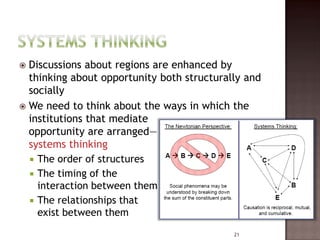  Discussions about regions are enhanced by
  thinking about opportunity both structurally and
  socially
 We need to think about the ways in which the
  institutions that mediate
  opportunity are arranged—
  systems thinking
   The order of structures
   The timing of the
    interaction between them
   The relationships that
    exist between them
                                            21
 