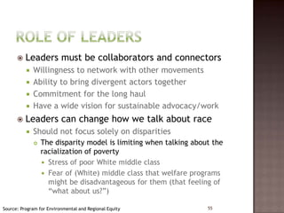    Leaders must be collaborators and connectors
           Willingness to network with other movements
           Ability to bring divergent actors together
           Commitment for the long haul
           Have a wide vision for sustainable advocacy/work

         Leaders can change how we talk about race
             Should not focus solely on disparities
                 The disparity model is limiting when talking about the
                  racialization of poverty
                   Stress of poor White middle class
                   Fear of (White) middle class that welfare programs
                    might be disadvantageous for them (that feeling of
                    “what about us?”)

Source: Program for Environmental and Regional Equity              55
 