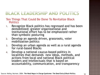 Ten Things That Could Be Done To Revitalize Black
         Politics
      1.   Recognize Black politics has regressed and has been
           demobilized; greater organizational and
           institutional effort has to be emphasized rather
           than symbolic posturing
      2.   Develop an agenda driven, grassroots, voter
           mobilization politics
      3.   Develop an urban agenda as well as a rural agenda
           for rural-based Blacks
      4.   Develop a national caucus-based politics in
           localities that demands new ideas, methods, and
           actions from local and national Black political
           leaders and intellectuals that is based on
           accountability, communication, and transparency


Source: Kelley, Norman. 2004. The Head Negro in Charge Syndrome: The Dead End of Black Politics.   58
 