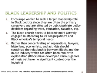 8.     Encourage women to seek a larger leadership role
             in Black politics since they are often the primary
             caregivers and are affected by public/private policy
             decisions regarding work, education, taxation, etc.
      9.     The Black church needs to become more actively
             engaged in attending to its congregation’s and
             Black America’s temporal needs
      10.    Rather than concentrating on reparations, lawyers,
             historians, economists, and activists should
             scrutinize the relationship between Blacks and the
             music industry which has often been rank with
             exploitation (Blacks have developed various genres
             of music yet have no significant control over the
             industry)

Source: Kelley, Norman. 2004. The Head Negro in Charge Syndrome: The Dead End of Black Politics.   60
 